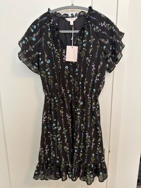 NWT LC Lauren Conrad Black Floral Tie-Neck Dress - size XS